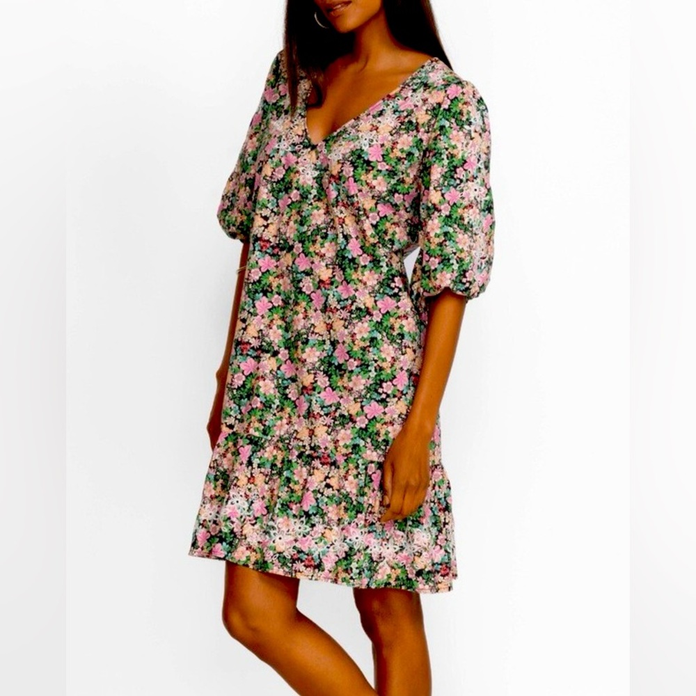 Johnny Was Rebekah Poplin Mini Dress Floral V-Neck Tunic - XS